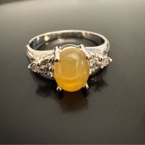 Sterling Silver Honey Yellow Chalcedony Cabochon Ring with Diamond Accents